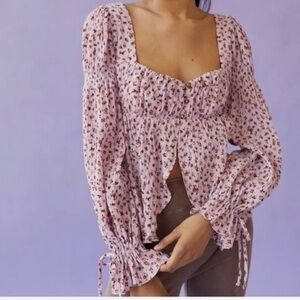 Urban Outfitters pink floral boho Allie Tie-Sleeve Blouse Small Cottagecore Boho
